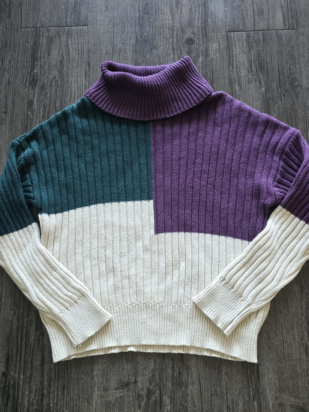 Forever 21 Purple Teal Beige Colorblock Rib Knit Turtleneck Pullover Sweater M